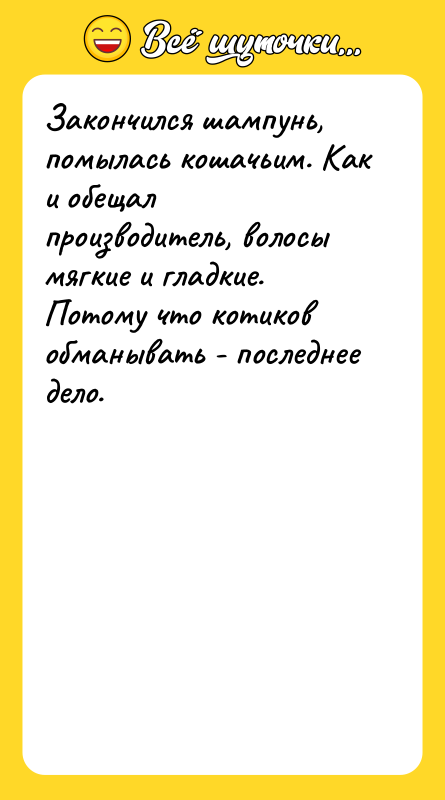 Закончился шампунь, помылась кошачьим. Как и обещал производитель, волосы мягкие