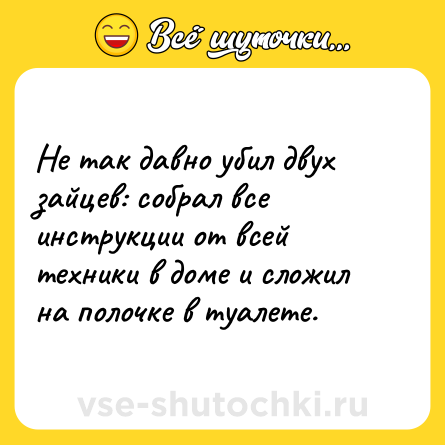Шутка: Не так давно убил двух зайцев: собрал все инструкции от всей техники в доме и сложил на полочке в туалете.