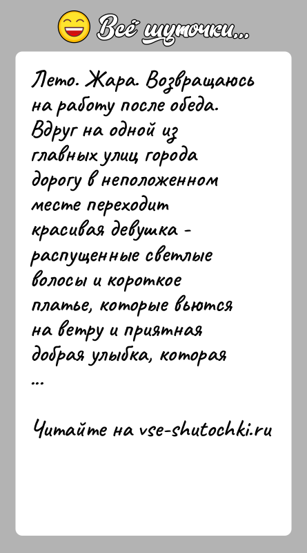 История: Лето. Жара. Возвращаюсь на работу после обеда. Вдруг на одной из главных улиц города дорогу в неположенном месте переходит красивая