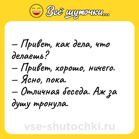 Шутка: — Привет, как дела, что делаешь?<br>— Привет, хорошо, ничего.<br>— Ясно, пока.<br>— Отличная беседа. Аж за душу тронула.