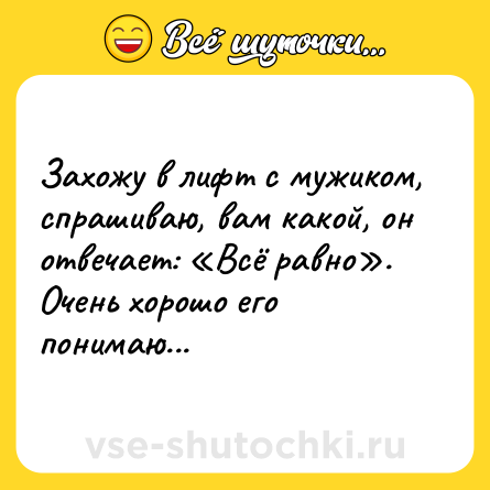 Шутка: Захожу в лифт с мужиком, спрашиваю, вам какой, он отвечает: «Всё равно». Очень хорошо его понимаю...