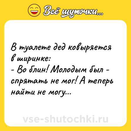 Шутка: В туалете дед ковыряется в ширинке:<br>- Во блин! Молодым был - спрятать не мог! А теперь найти не могу…