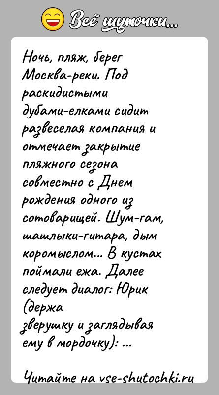 История: Ночь, пляж, берег Москва-реки. Под раскидистыми дубами-елками сидитразвеселая компания и отмечает закрытие пляжного сезона совместно с Днемрождения одного из сотоварищей.