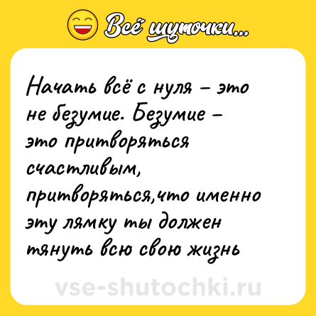 Шутка: Начать всё с нуля – это не безумие. Безумие – это притворяться счастливым, притворяться,что именно эту лямку ты должен тянуть всю свою жизнь