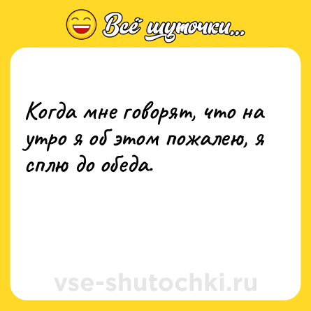 Шутка: Когда мне говорят, что на утро я об этом пожалею, я сплю до обеда.<br><br> 
