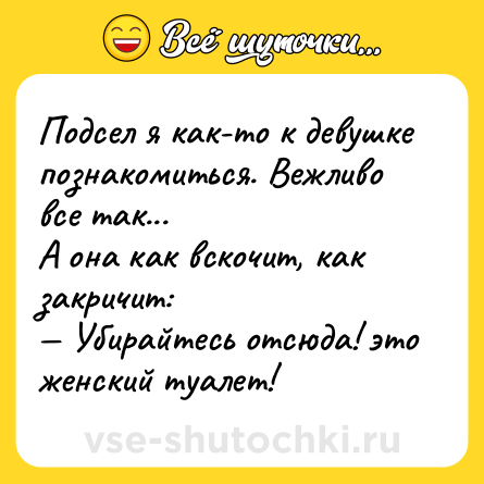 Шутка: Подсел я как-то к девушке познакомиться. Вежливо все так...<br>А она как вскочит, как закричит:<br>— Убирайтесь отсюда! это женский туалет!