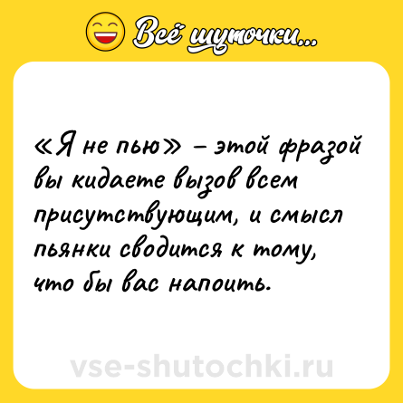 Шутка: «Я не пью» – этой фразой вы кидаете вызов всем присутствующим, и смысл пьянки сводится к тому, что бы вас напоить.