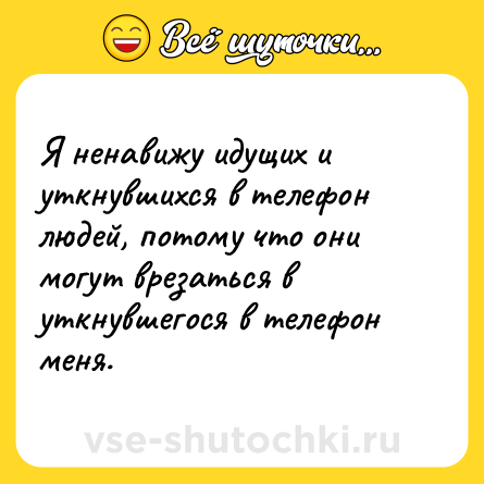 Шутка: Я ненавижу идущих и уткнувшихся в телефон людей, потому что они могут врезаться в уткнувшегося в телефон меня.