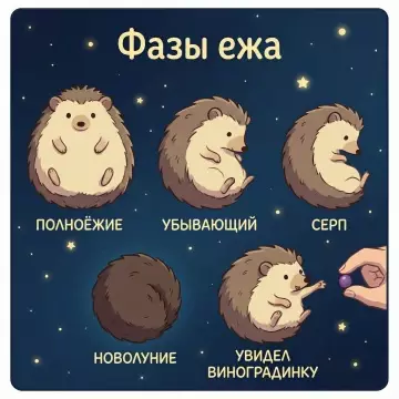 Фазы ежа: от полного живота до одной виноградины 🦔 - Фазы ежа. Полноёжие. Убывающий. Серп. Новолуние. Увидел виноградинку