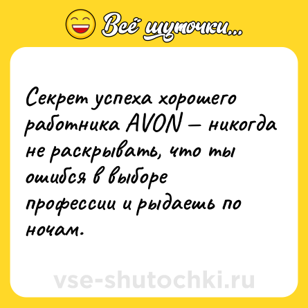 Шутка: Секрет успеха хорошего работника AVON — никогда не раскрывать, что ты ошибся в выборе профессии и рыдаешь по ночам.