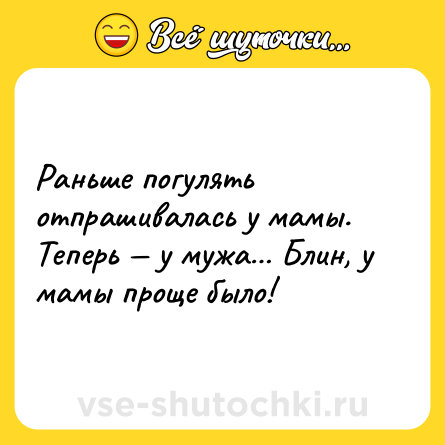 Шутка: Раньше погулять отпрашивалась у мамы. Теперь — у мужа… Блин, у мамы проще было!
