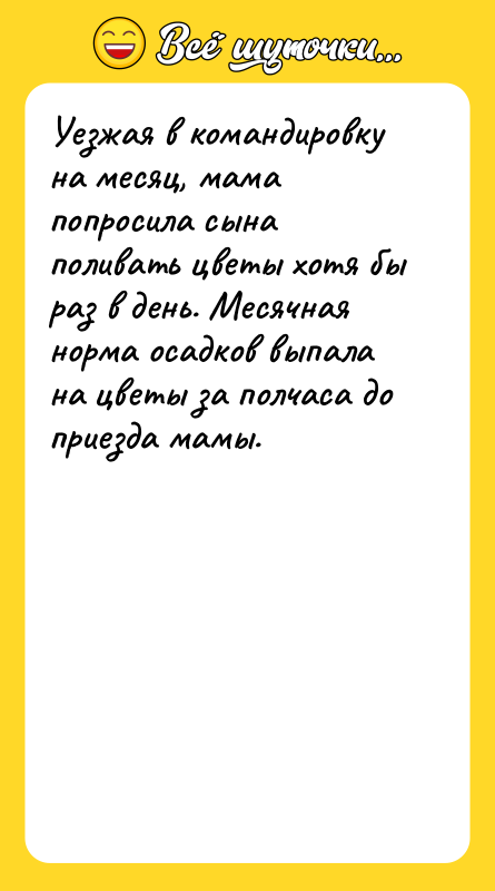 Уезжая в командировку на месяц, мама попросила сына поливать цветы