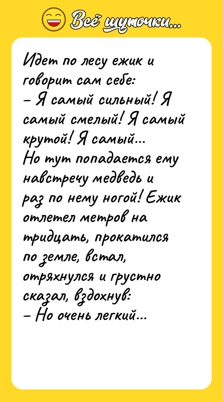 Идет по лесу ежик и говорит сам себе: Я