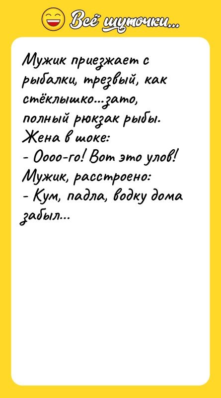 Мужик приезжает с рыбалки, трезвый, как стёклышко...зато, полный рюкзак рыбы.
