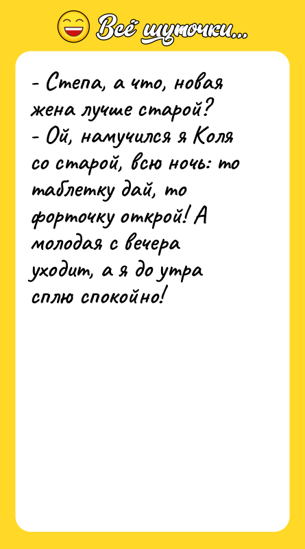 - Степа, а что, новая жена лучше старой? - Ой,