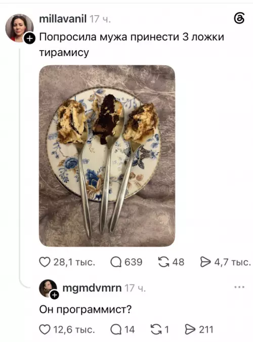 Когда муж — айтишник 🍰😂 - Попросила мужа принести 3 ложки тирамису. Он программист?