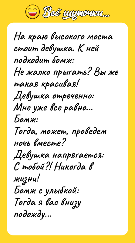 На краю высокого моста стоит девушка. К ней подходит бомж: