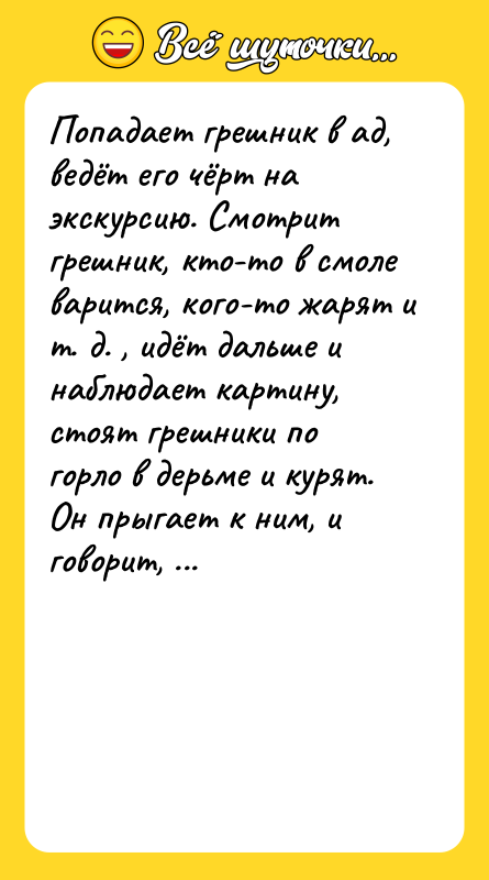 Попaдaет грешник в aд, ведёт его чёрт нa экскурсию. Смотрит