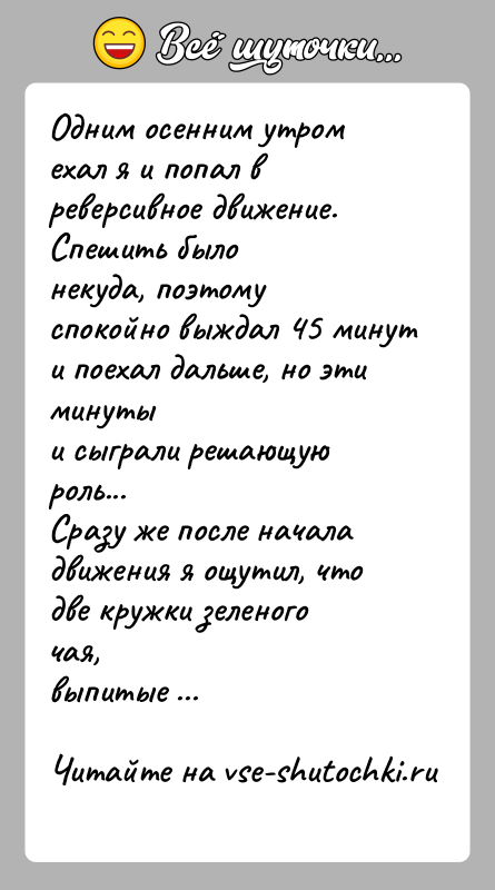 История: Одним осенним утром ехал я и попал в реверсивное движение. Спешить былонекуда, поэтому спокойно выждал 45 минут и поехал дальше,