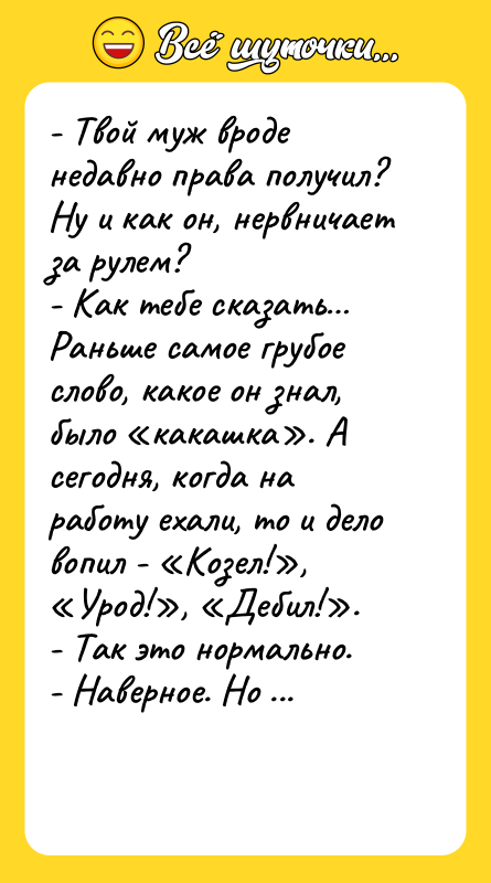 - Твой муж вроде недавно права получил? Ну и как