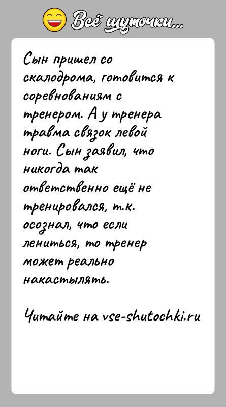 История: Сын пришел со скалодрома, готовится к соревнованиям с тренером. А у тренера травма связок левой ноги. Сын заявил, что никогда
