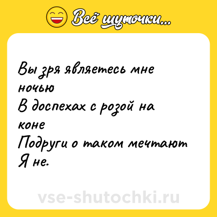 Шутка: Вы зря являетесь мне ночью<br>В доспехах с розой на коне<br>Подруги о таком мечтают<br>Я не.