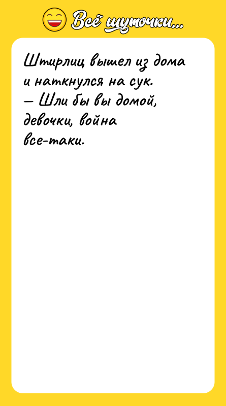 Штирлиц вышел из дома и наткнулся на сук. Шли