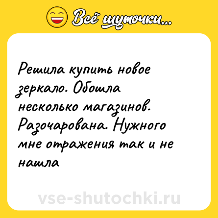 Шутка: Решила купить новое зеркало. Обошла несколько магазинов. Разочарована. Нужного мне отражения так и не нашла