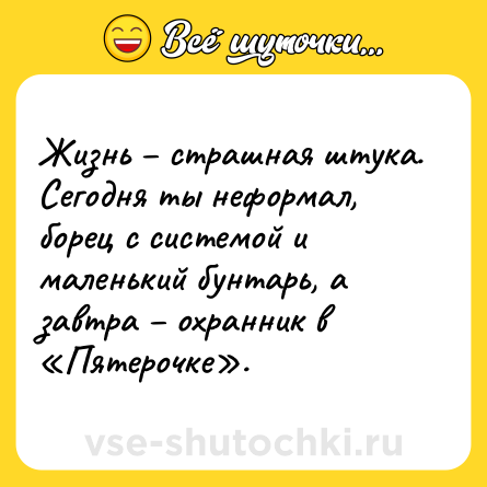 Шутка: Жизнь – страшная штука. Сегодня ты неформал, борец с системой и маленький бунтарь, а завтра – охранник в «Пятерочке».