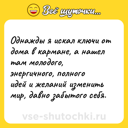 Шутка: Однажды я искал ключи от дома в кармане, а нашел там молодого, энергичного, полного идей и желаний изменить мир, давно забытого себя.