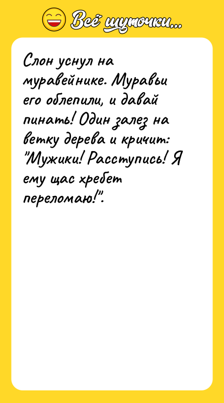 Слон уснул на муравейнике. Муравьи его облепили, и давай пинать!