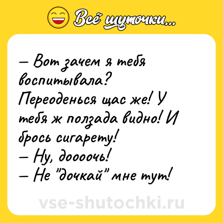 Шутка: — Вот зачем я тебя воспитывала? Переоденься щас же! У тебя ж ползада видно! И брось сигарету!<br>— Ну, доооочь!<br>— Не 