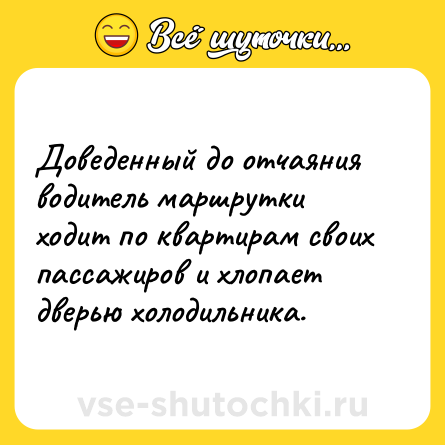 Шутка: Доведенный до отчаяния водитель маршрутки ходит по квартирам своих пассажиров и хлопает дверью холодильника.