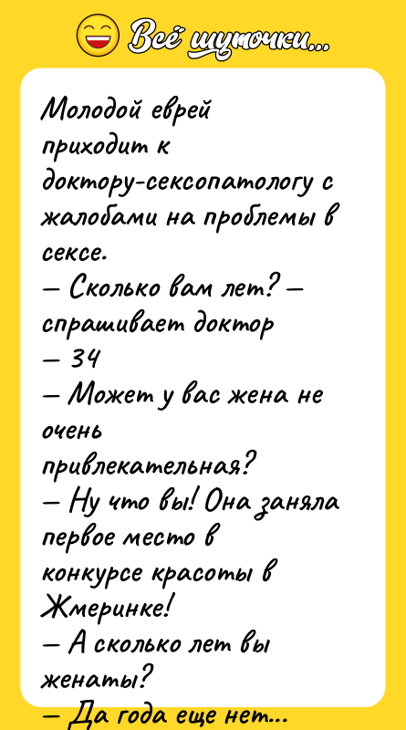 Молодой еврей приходит к доктору-ceкcопатологу с жалобами на проблемы в