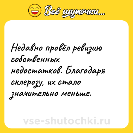Шутка: Недавно провёл ревизию собственных недостатков. Благодаря склерозу, их стало значительно меньше.