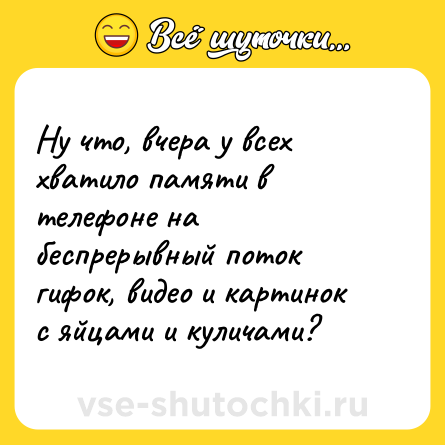 Шутка: Ну что, вчера у всех хватило памяти в телефоне на беспрерывный поток гифок, видео и картинок с яйцами и куличами?