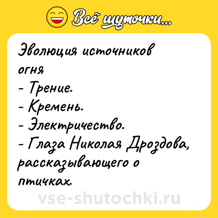 Шутка: Эволюция источников огня <br>- Трение. <br>- Кремень. <br>- Электричество. <br>- Глаза Николая Дроздова, рассказывающего о птичках.