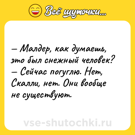Шутка: — Малдер, как думаешь, это был снежный человек?<br>— Сейчас погуглю. Нет, Скалли, нет. Они вообще не существуют.