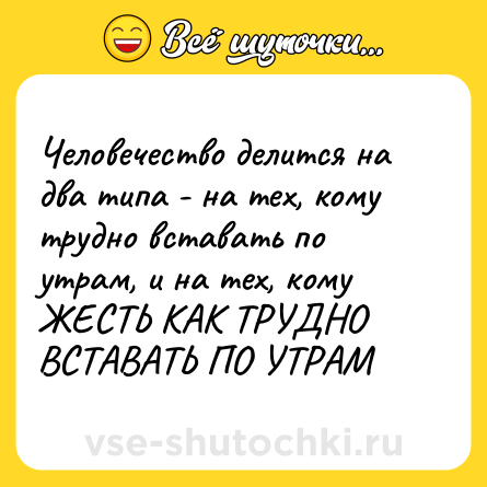 Шутка: Человечество делится на два типа - на тех, кому трудно вставать по утрам, и на тех, кому ЖЕСТЬ КАК ТРУДНО ВСТАВАТЬ ПО УТРАМ