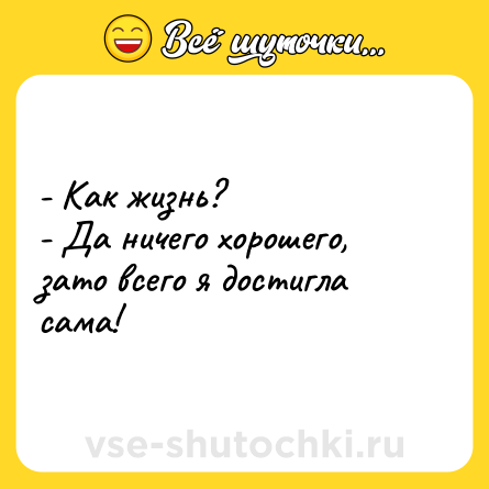 Шутка: - Как жизнь? <br>- Да ничего хорошего, зато всего я достигла сама!