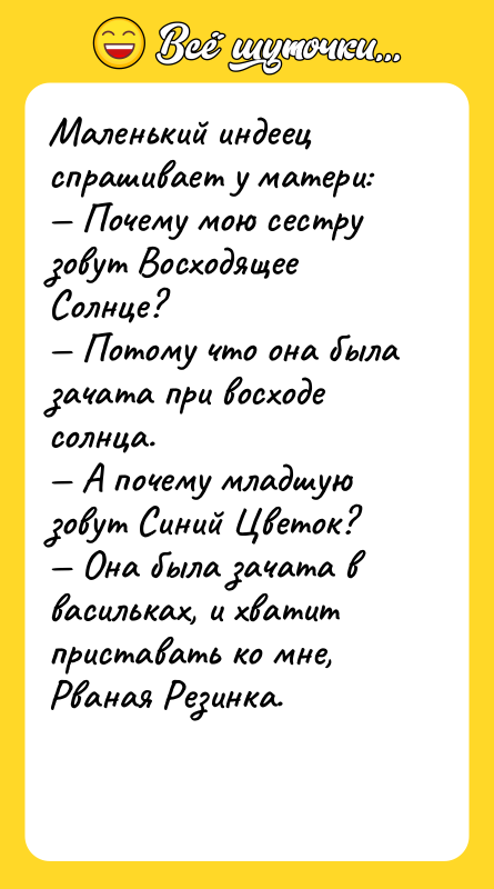 Маленький индеец спрашивает у матери: — Почему мою сестру зовут