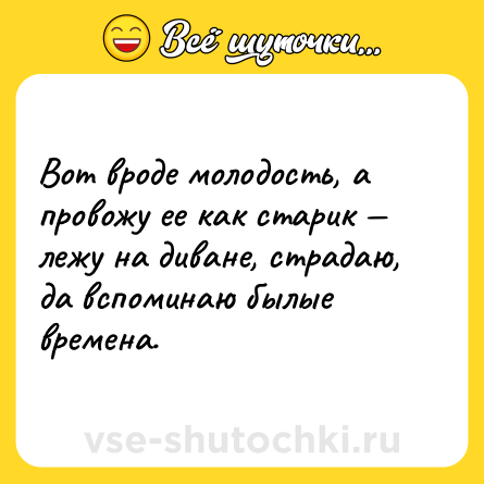 Шутка: Вот вроде молодость, а провожу ее как старик — лежу на диване, страдаю, да вспоминаю былые времена.