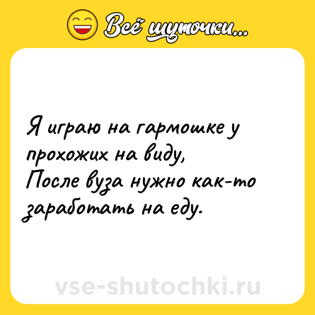 Шутка: Я играю на гармошке у прохожих на виду,<br>После вуза нужно как-то заработать на еду.