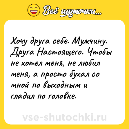 Шутка: Хочу друга себе. Мужчину. Друга Настоящего. Чтобы не хотел меня, не любил меня, а просто бухал со мной по выходным и гладил по головке.