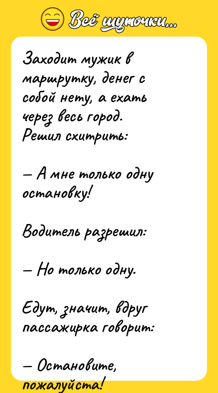 Заходит мужик в маршрутку, денег с собой нету, а ехать