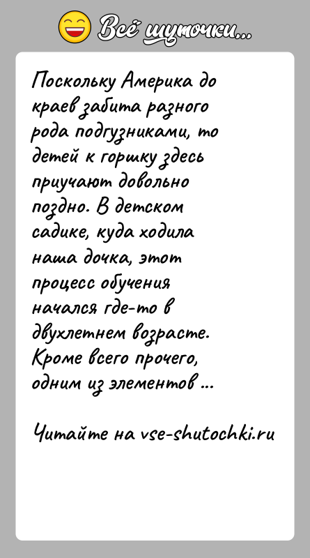 История: Поскольку Америка до краев забита разного рода подгузниками, то детей к горшку здесь приучают довольно поздно. В детском садике, куда