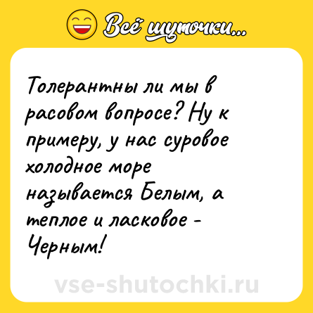 Шутка: Толерантны ли мы в расовом вопросе? Ну к примеру, у нас суровое холодное море называется Белым, а теплое и ласковое - Черным!