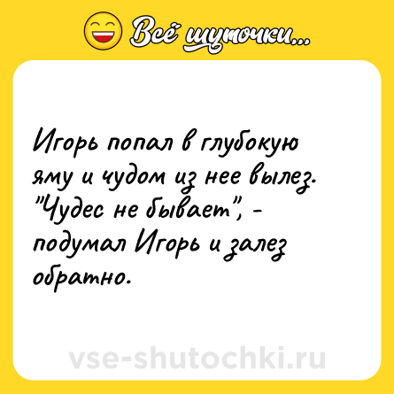 Шутка: Игорь попал в глубокую яму и чудом из нее вылез.<br>