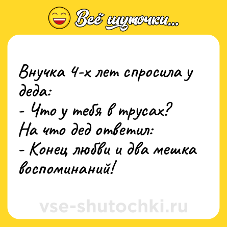 Шутка: Внучка 4-х лет спросила у деда: <br>- Что у тебя в трусах?<br>На что дед ответил: <br>- Конец любви и два мешка воспоминаний!