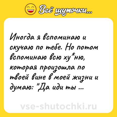 Шутка: Иногда я вспоминаю и скучаю по тебе. Но потом вспоминаю всю ху*ню, которая произошла по твоей вине в моей жизни и думаю: 